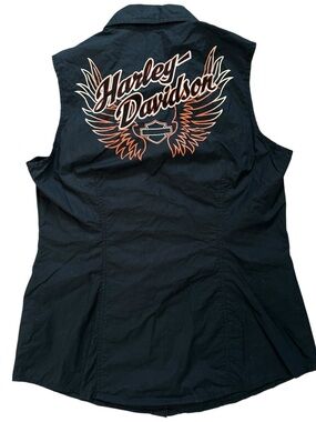 Harley-Davidson Black Sleeveless Button-Up Shirt Logo embroidered Vest women’s L
